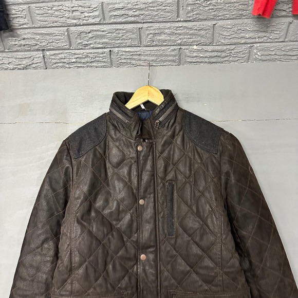 Kapraun Brown Quilted Leather Field Jacket Mens Size 50 Handmade Wool Trim Coat